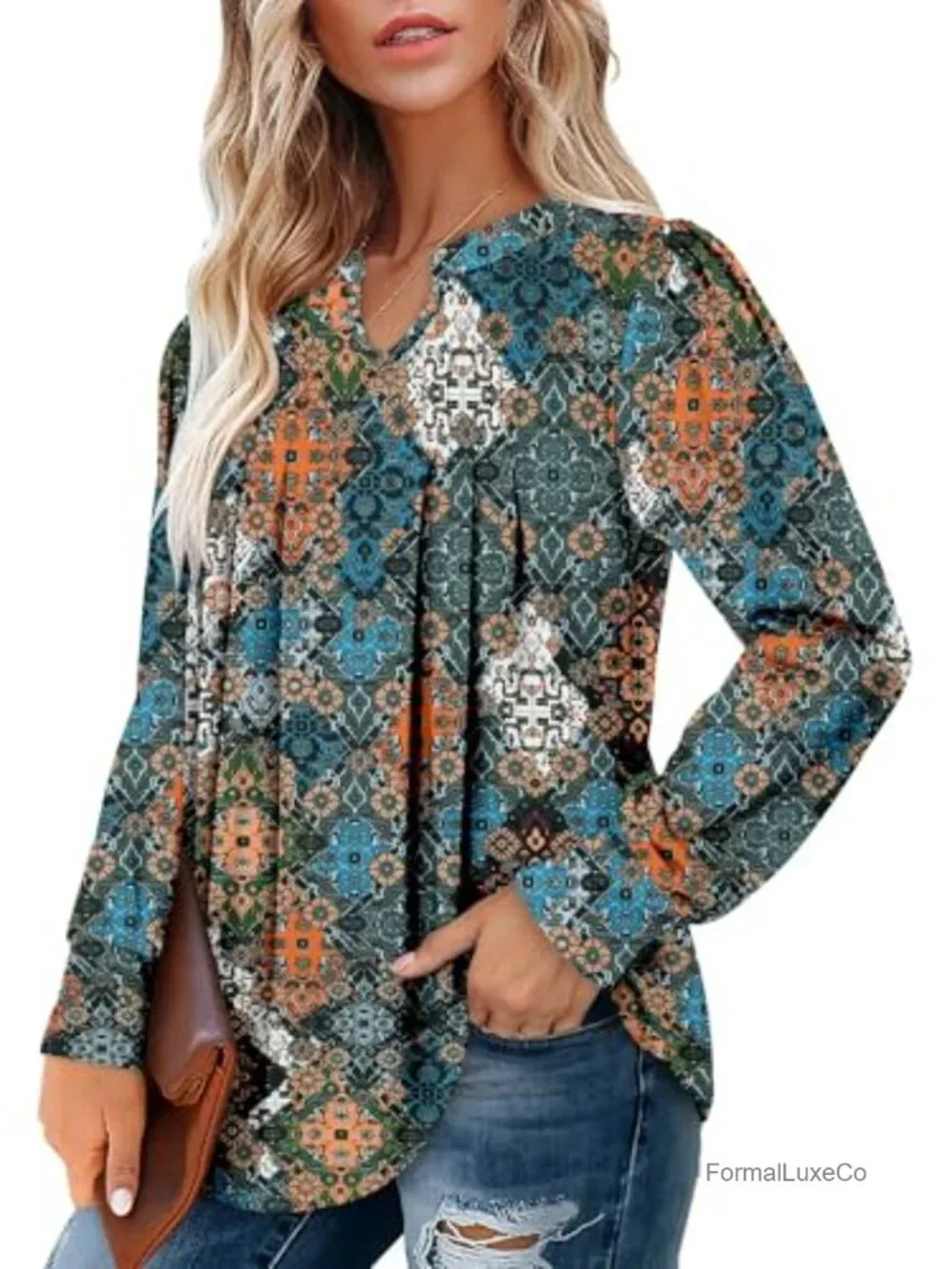 Women Floral Tunic Top Long Sleeve V Neck Casual Blouse